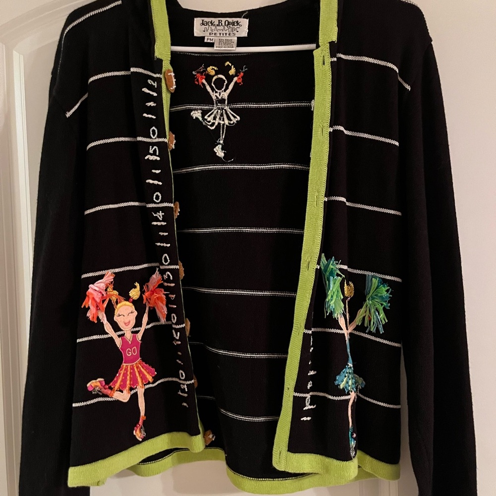 Black and Green Women's Cardigan with Cheerleader Design